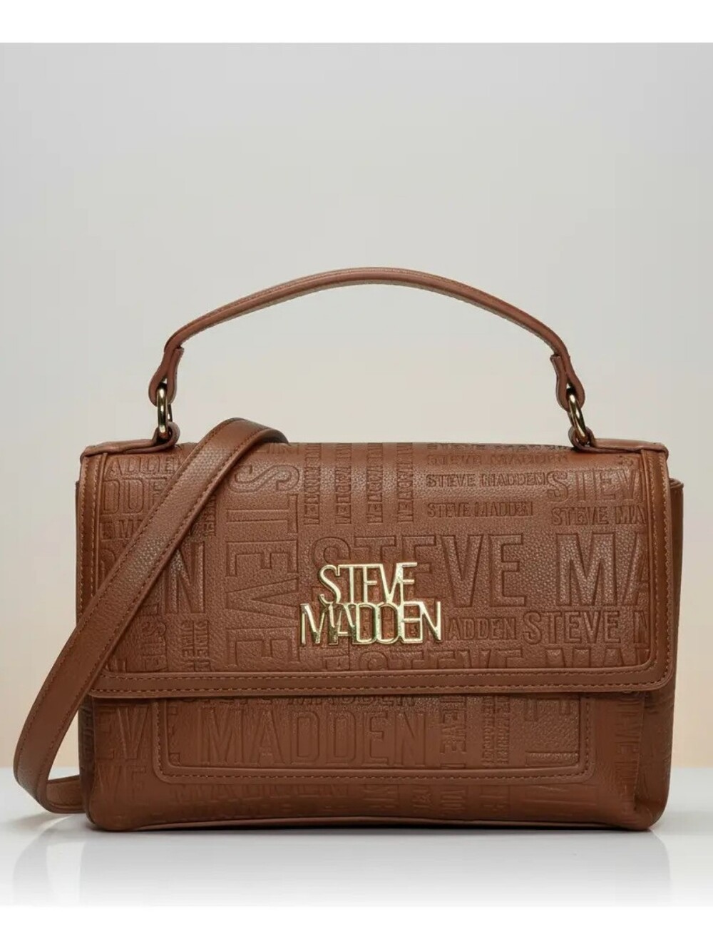 Steve Madden Tan Embossed Logo Satchel with Gold Hardware